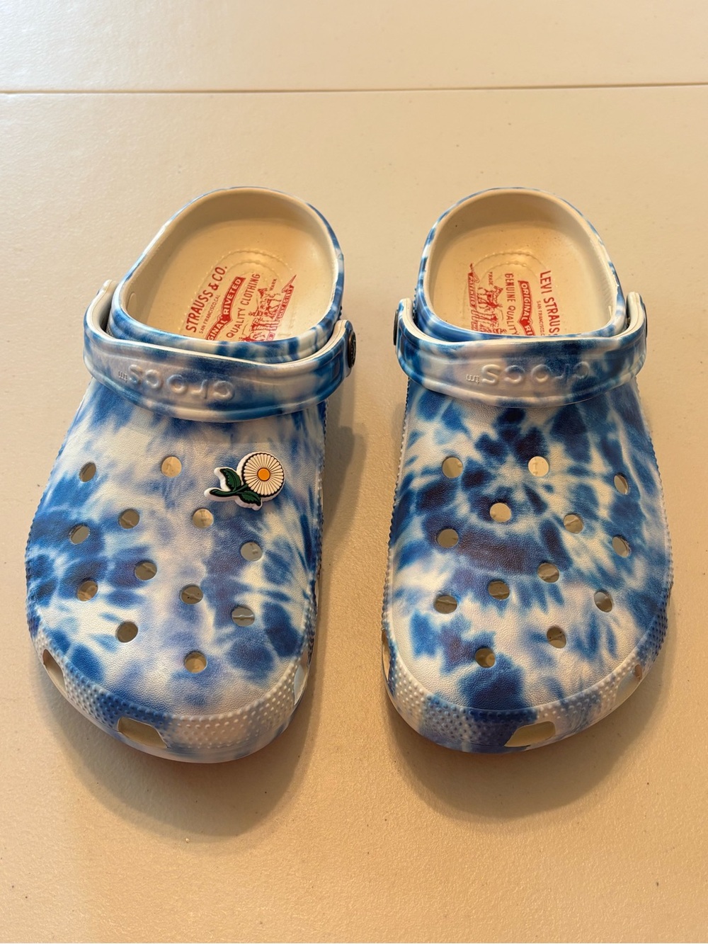 Crocs Levi Strauss Tie-Dye Slip-On Clogs in Blue and White size Adult W11/M9